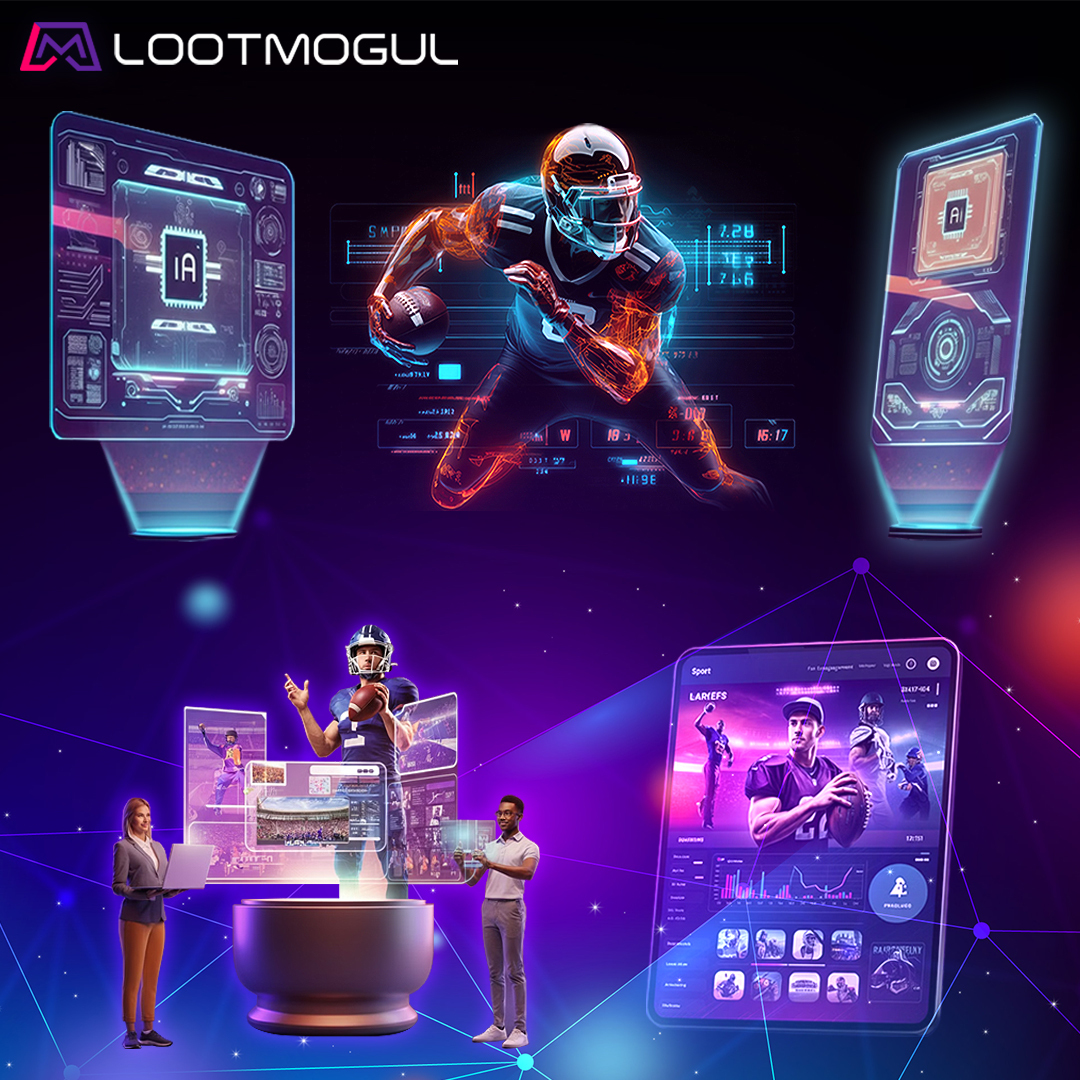 AI-driven analytics, athletes engaging with fans, and text-to-game features creating interactive short-format games. The background features a stadium, digital interfaces, and influencer marketing icons, highlighting LootMogul's innovative approach to enhancing fan engagement and ROI for brands and athletes.